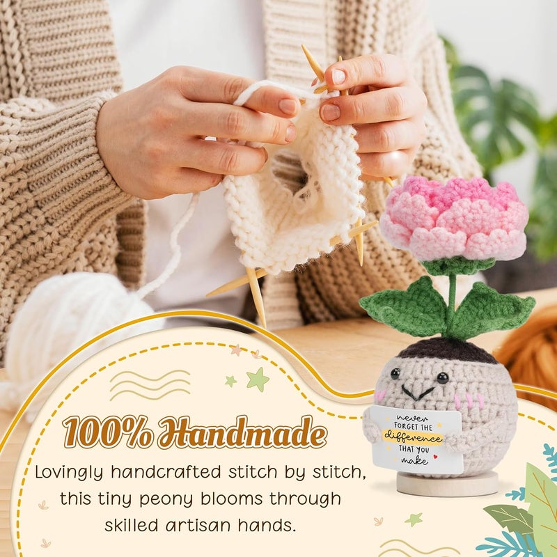 HEXMOZ Handmade Peony Flower Crochet Gift with Positive Card, Thank You Gifts for Women, Teacher Appreciation Gifts, Handmade Collectible Peony Doll Emotional Support Crochet Present for Nurse Boss Coworker - Image 4